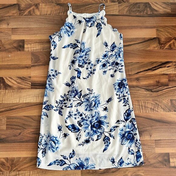 BCX Blue and White Floral Scalloped Mini Dress XS - Picture 1 of 6